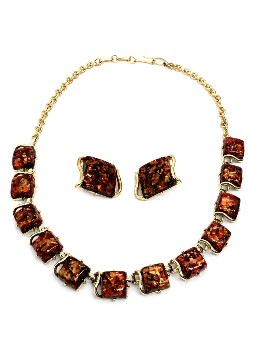 VINTAGE CORO NECKLACE Earring Set Confetti Lucite Demi Parure Red Orange Gold To